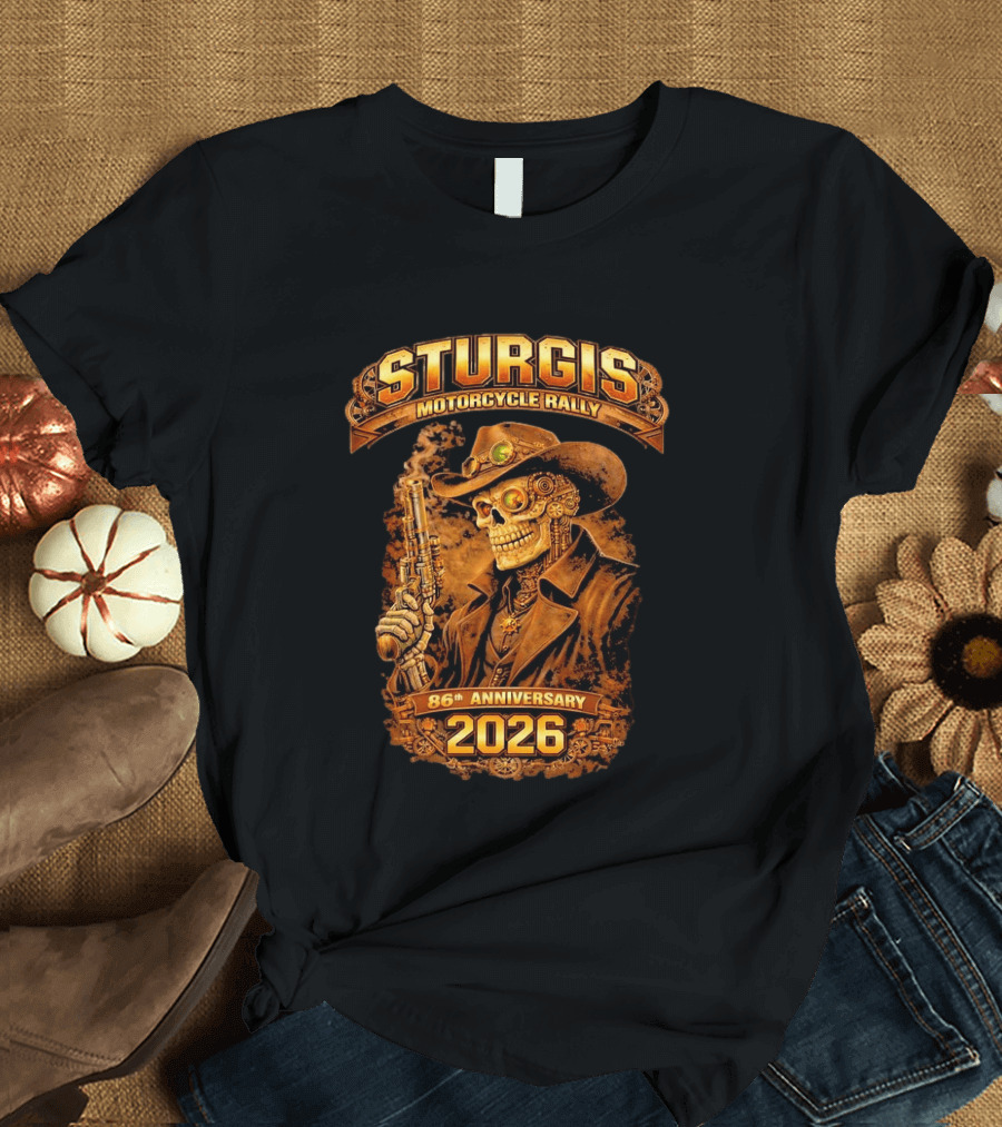 Sturgis Motorcycle Rally 2026 86th Anniversary Steampunk Cowboy Skull T-Shirt