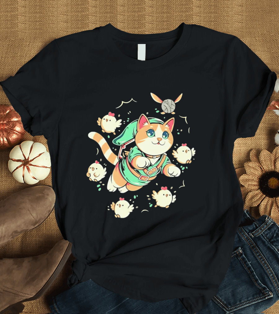 Fantasy Adventurer Cat In Green Tunic With Chickens And Yarn Ball T-Shirt