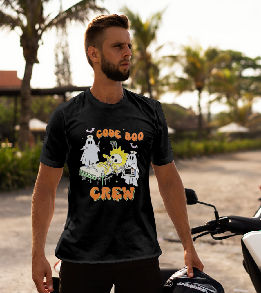 Code Boo Crew Halloween Ghost Nurse Skeleton Scene T-Shirt