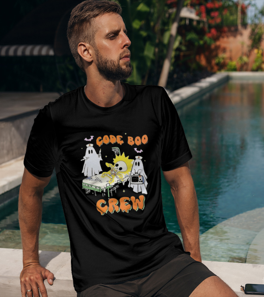Code Boo Crew Halloween Ghost Nurse Skeleton Scene T-Shirt