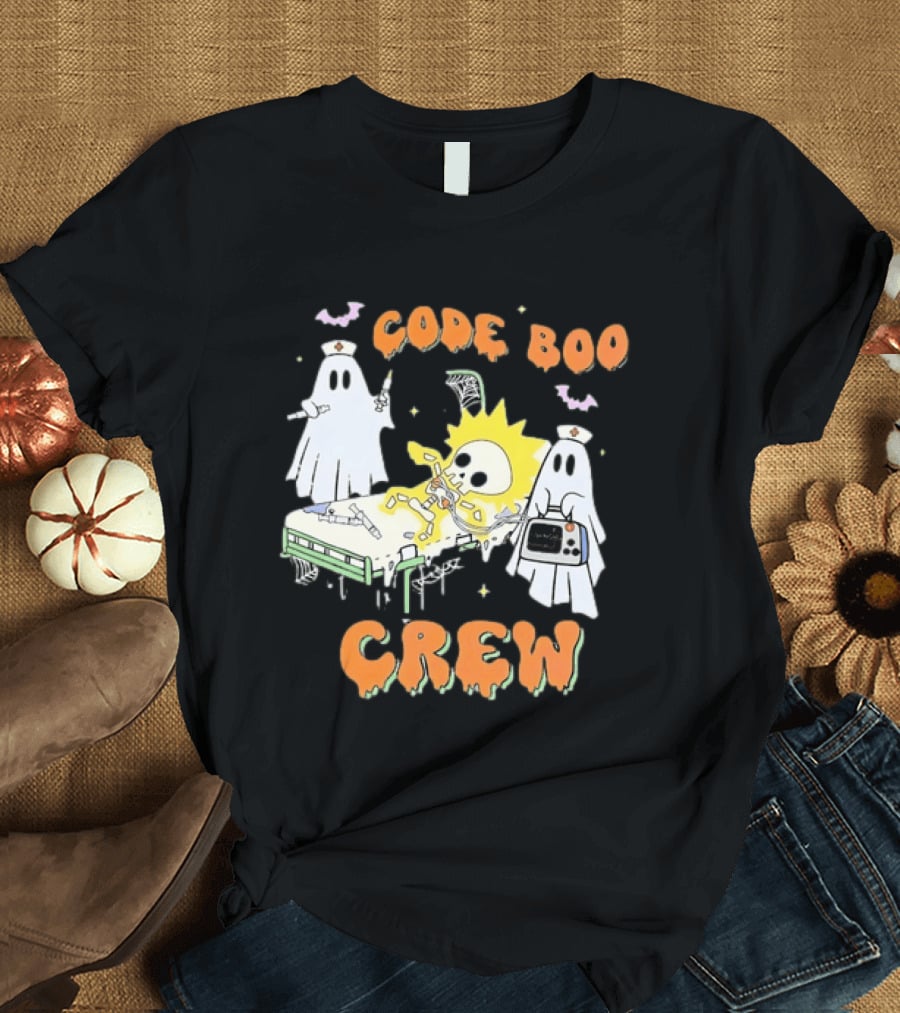 Code Boo Crew Halloween Ghost Nurse Skeleton Scene T-Shirt