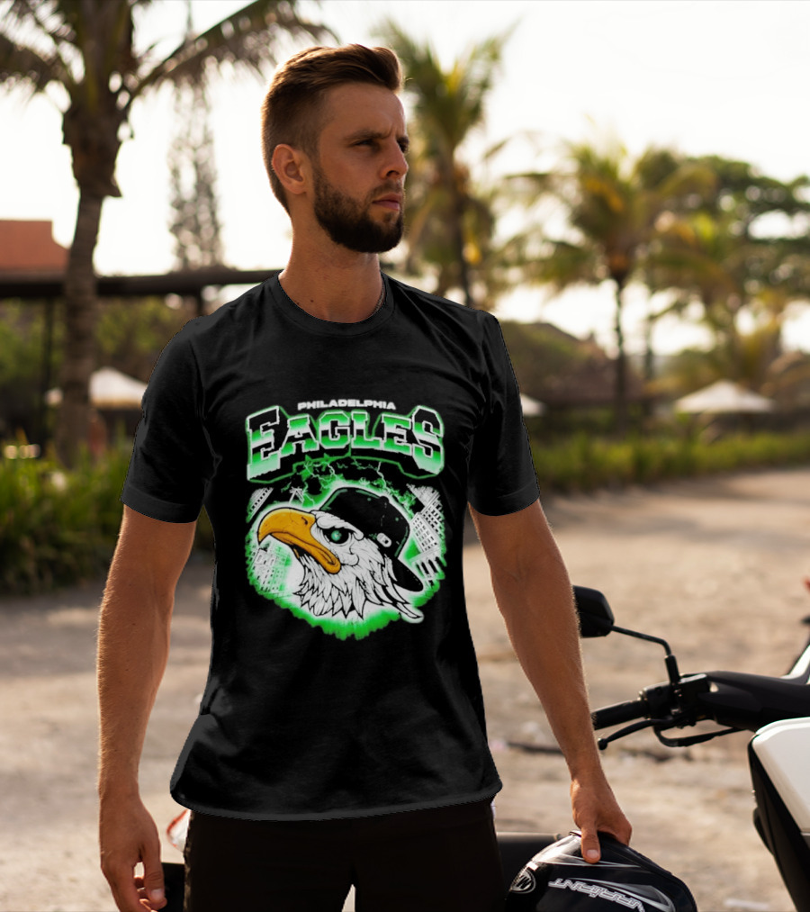 Philadelphia Eagles Mascot With Baseball Cap And City Skyline T-Shirt