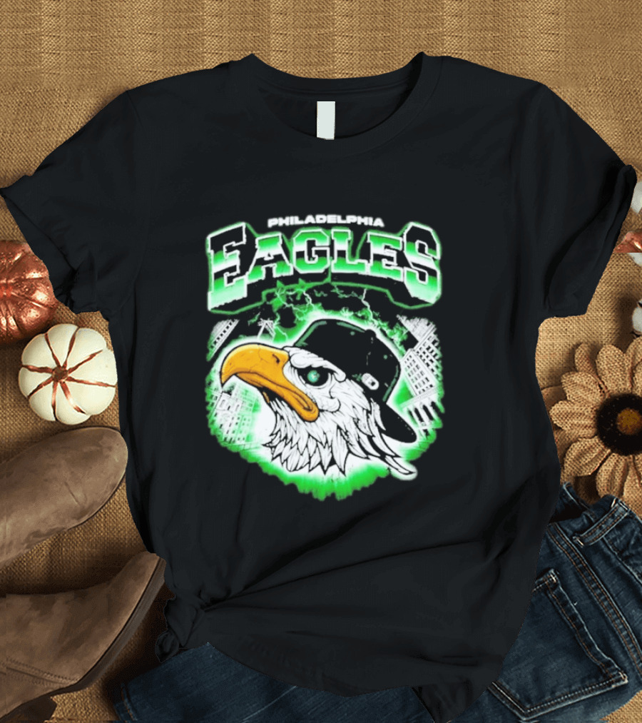 Philadelphia Eagles Mascot With Baseball Cap And City Skyline T-Shirt