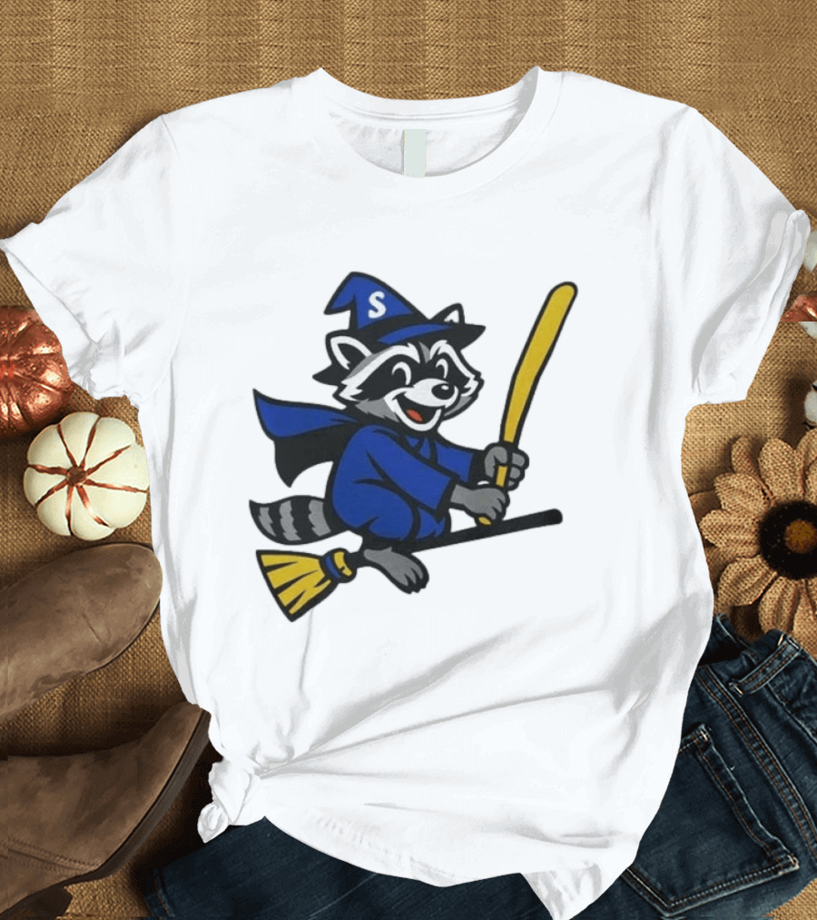 Seattle Mariners Jimothy The Etsy Witch Raccoon Flying Broomstick T-Shirt
