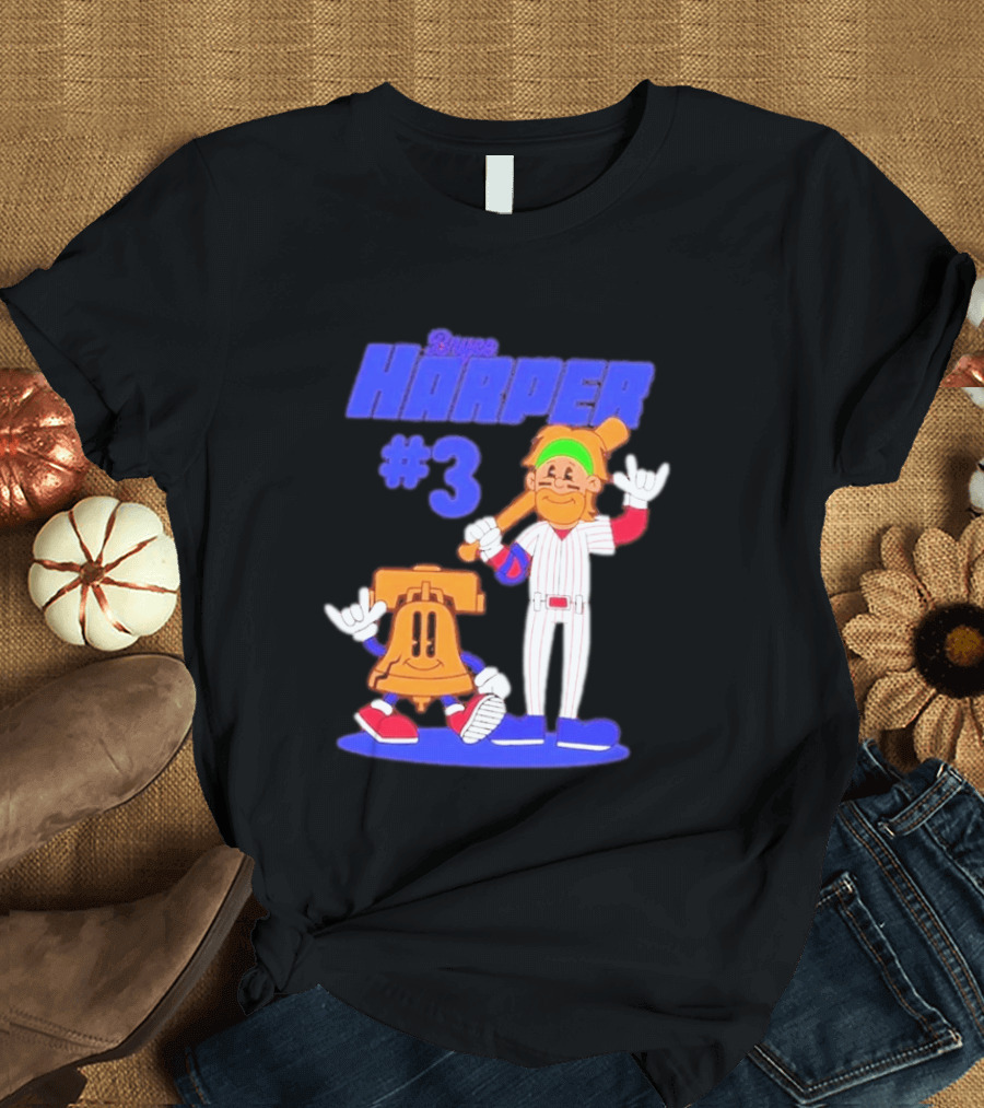 Bryce Harper #3 Philadelphia Phillies Cartoon Player And Liberty Bell T-Shirt