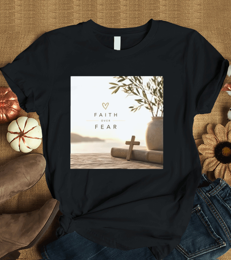 Faith Over Fear Christian Cross Heart With Bible And Olive Branches T-Shirt