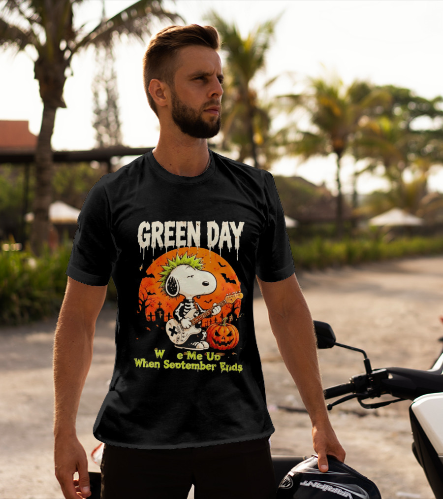Green Day Snoopy Skeleton Guitar Wake Me Up When September Ends Halloween Pumpkin T-Shirt