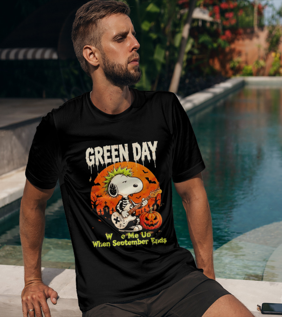 Green Day Snoopy Skeleton Guitar Wake Me Up When September Ends Halloween Pumpkin T-Shirt