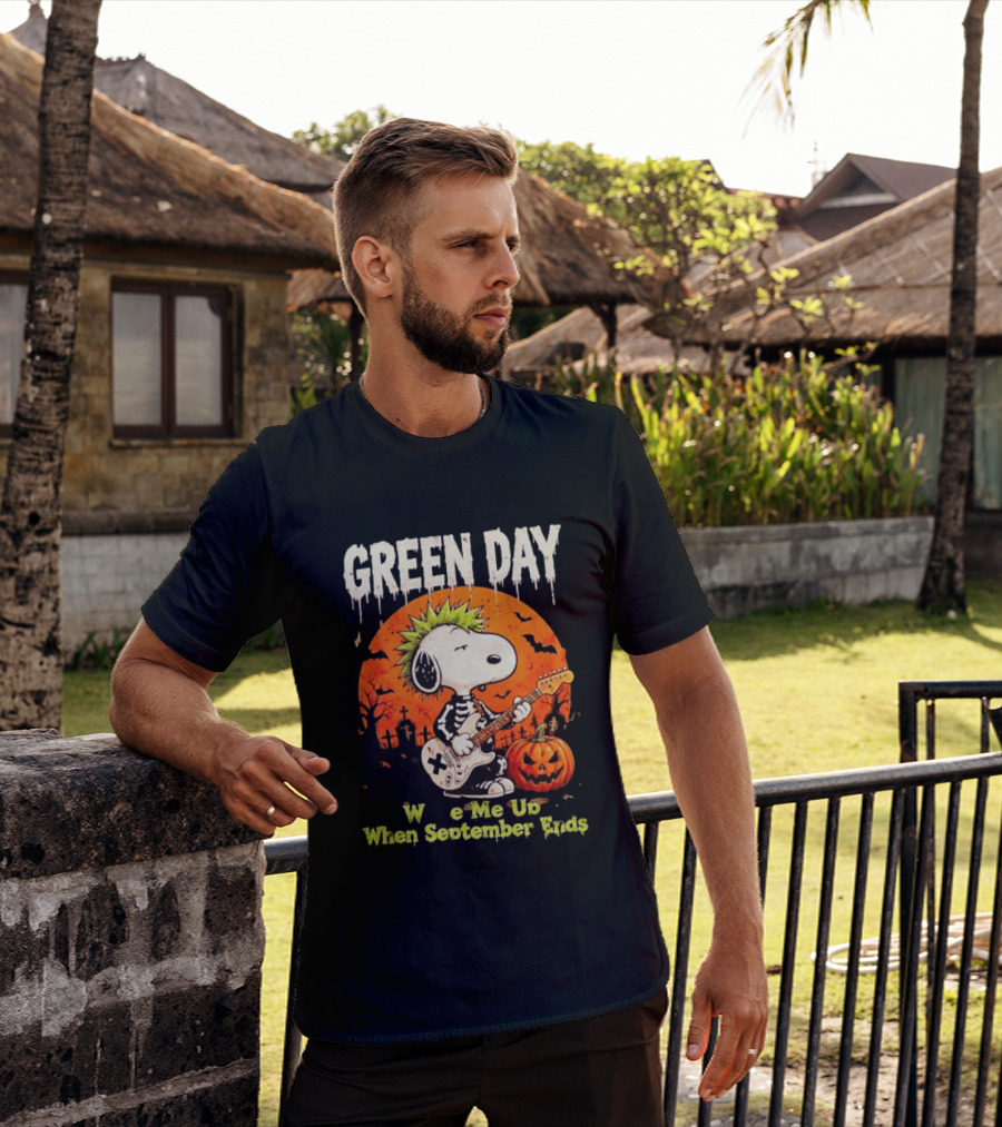Green Day Snoopy Skeleton Guitar Wake Me Up When September Ends Halloween Pumpkin T-Shirt