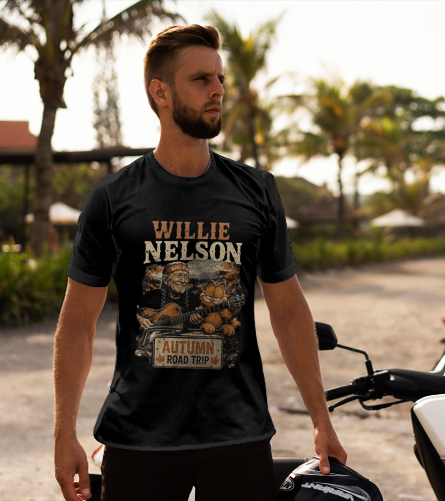 Willie Nelson Autumn Road Trip With Orange Cat T-Shirt