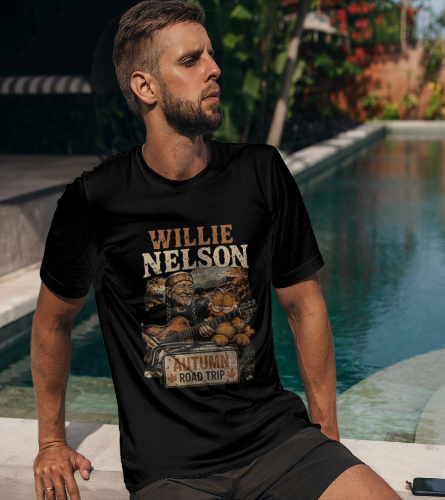 Willie Nelson Autumn Road Trip With Orange Cat T-Shirt