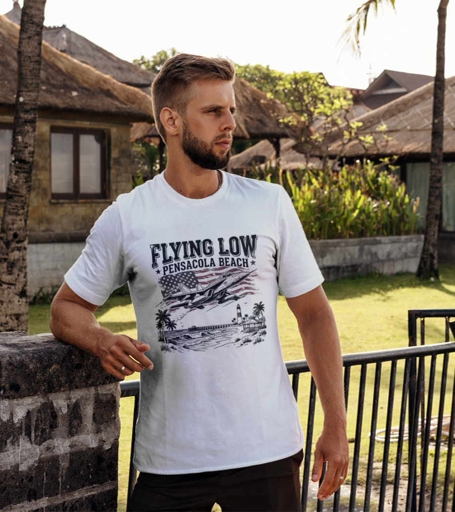 Flying Low Pensacola Beach American Flag Fighter Jet Scenic Beach View T-Shirt