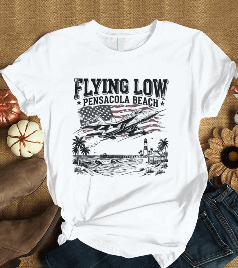 Flying Low Pensacola Beach American Flag Fighter Jet Scenic Beach View T-Shirt