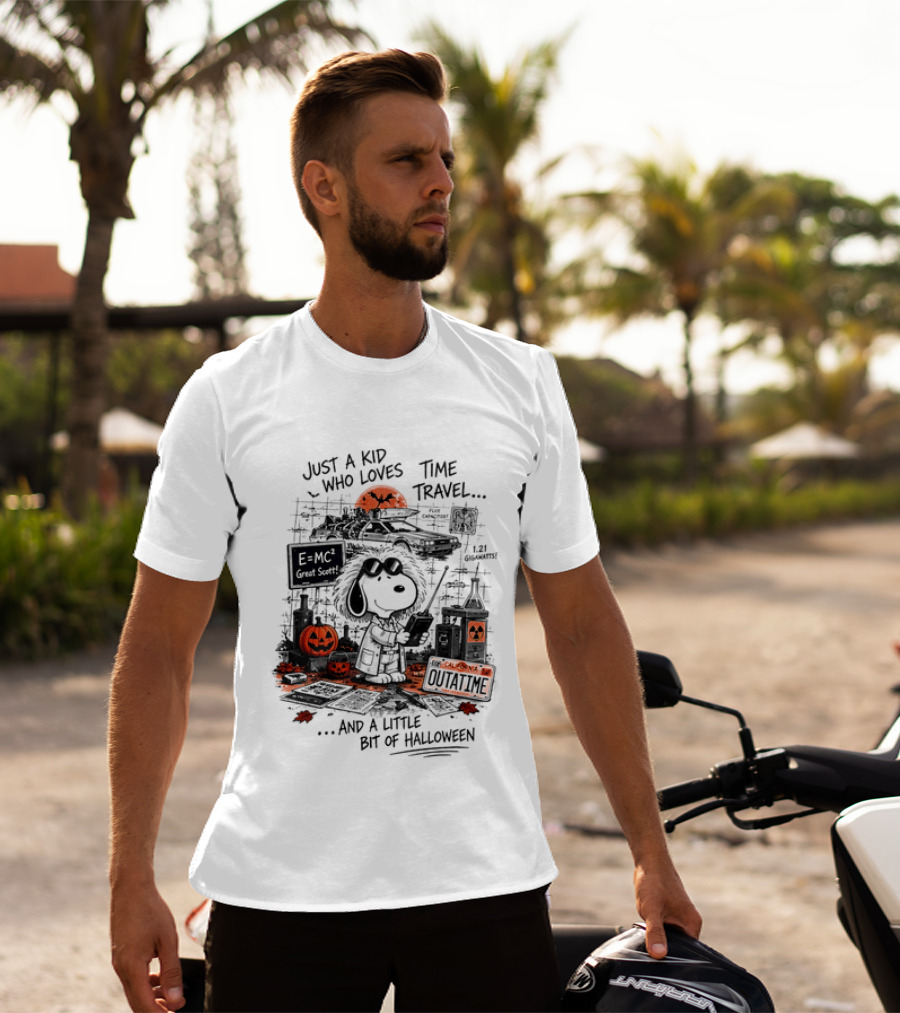 Snoopy Just A Kid Who Loves Time Travel Halloween Pumpkin Scene T-Shirt