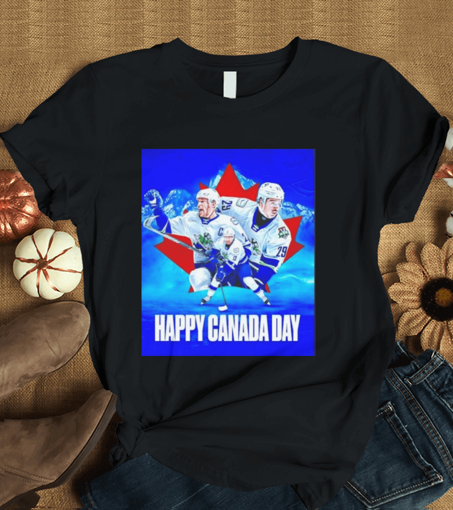 Abbotsford Canucks Happy Canada Day Celebration Collage With Hockey Players And Maple Leaf T-Shirt