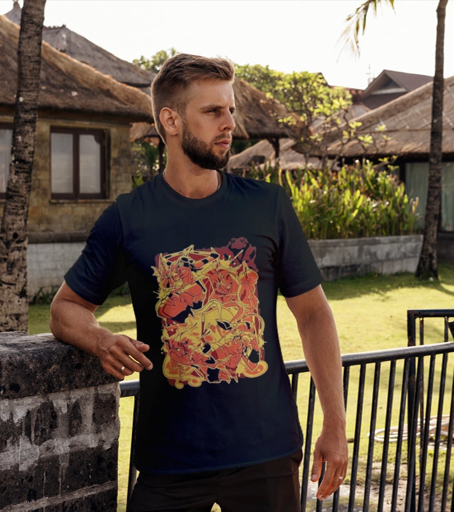 Helluva Boss Satan Characters In Fiery Yellow And Red T-Shirt