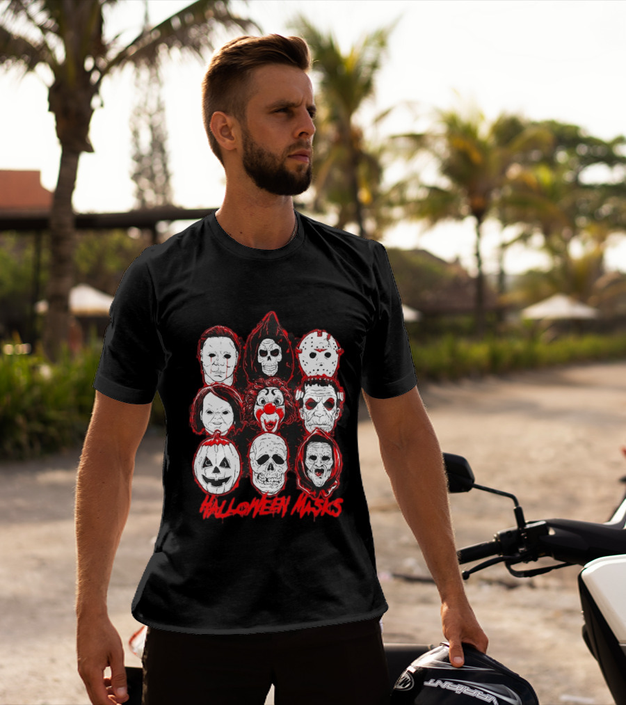 Horror Movie Characters Halloween Masks Skeleton Clown Jack O' Lantern T-Shirt