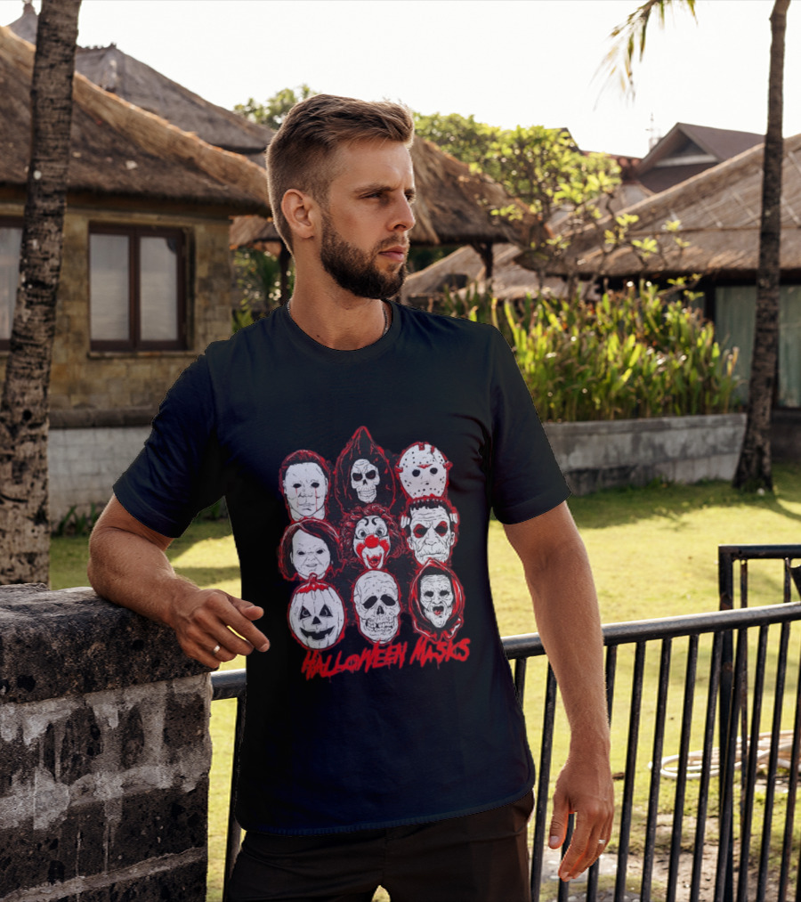 Horror Movie Characters Halloween Masks Skeleton Clown Jack O' Lantern T-Shirt