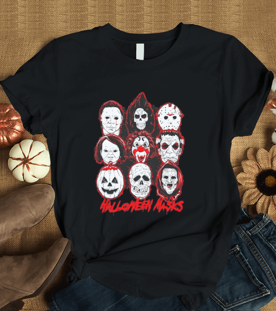 Horror Movie Characters Halloween Masks Skeleton Clown Jack O' Lantern T-Shirt