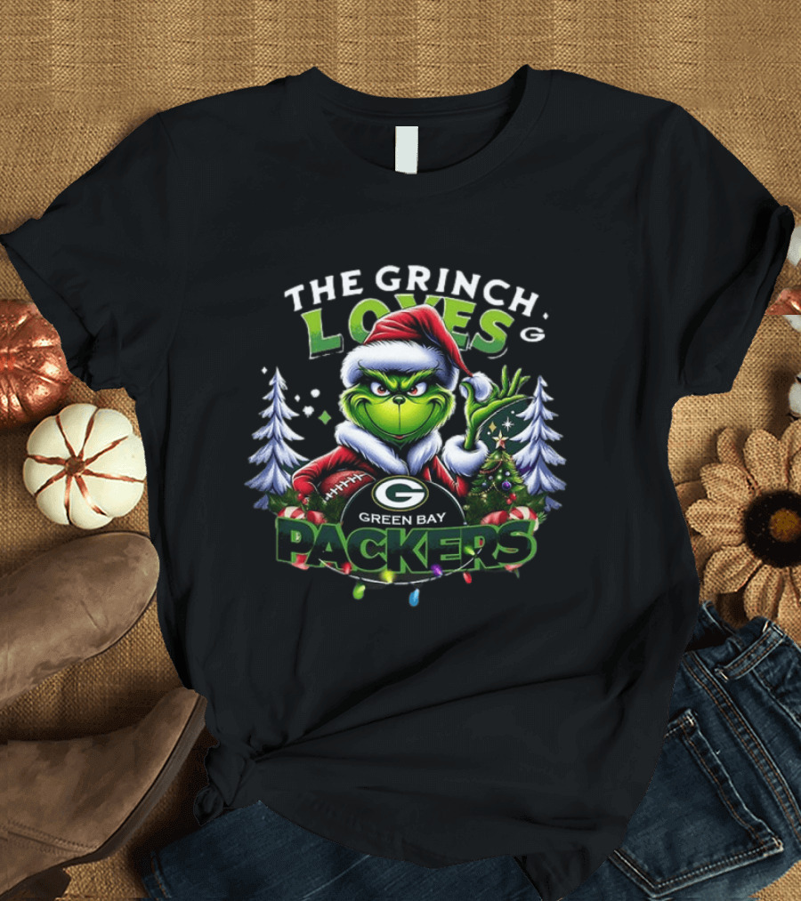 The Grinch Loves Green Bay Packers Christmas Tree Football T-Shirt