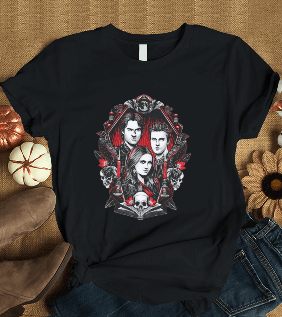 Vampire Blood The Vampire Diaries Damon Salvatore Stefan Salvatore Elena Gilbert Skull Candle Ravens T-Shirt