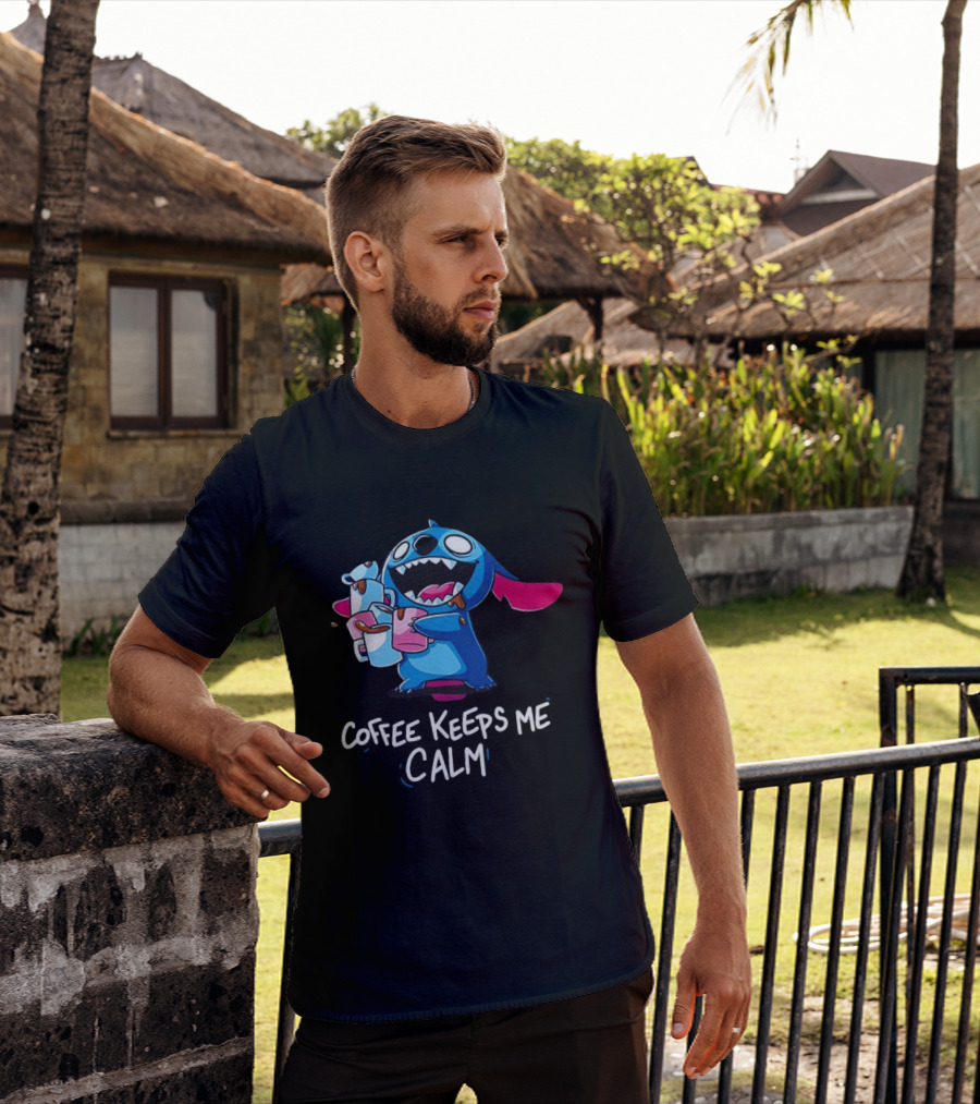 Stitch Coffee Keeps Me Calm Cute Character Drinking Coffee T-Shirt