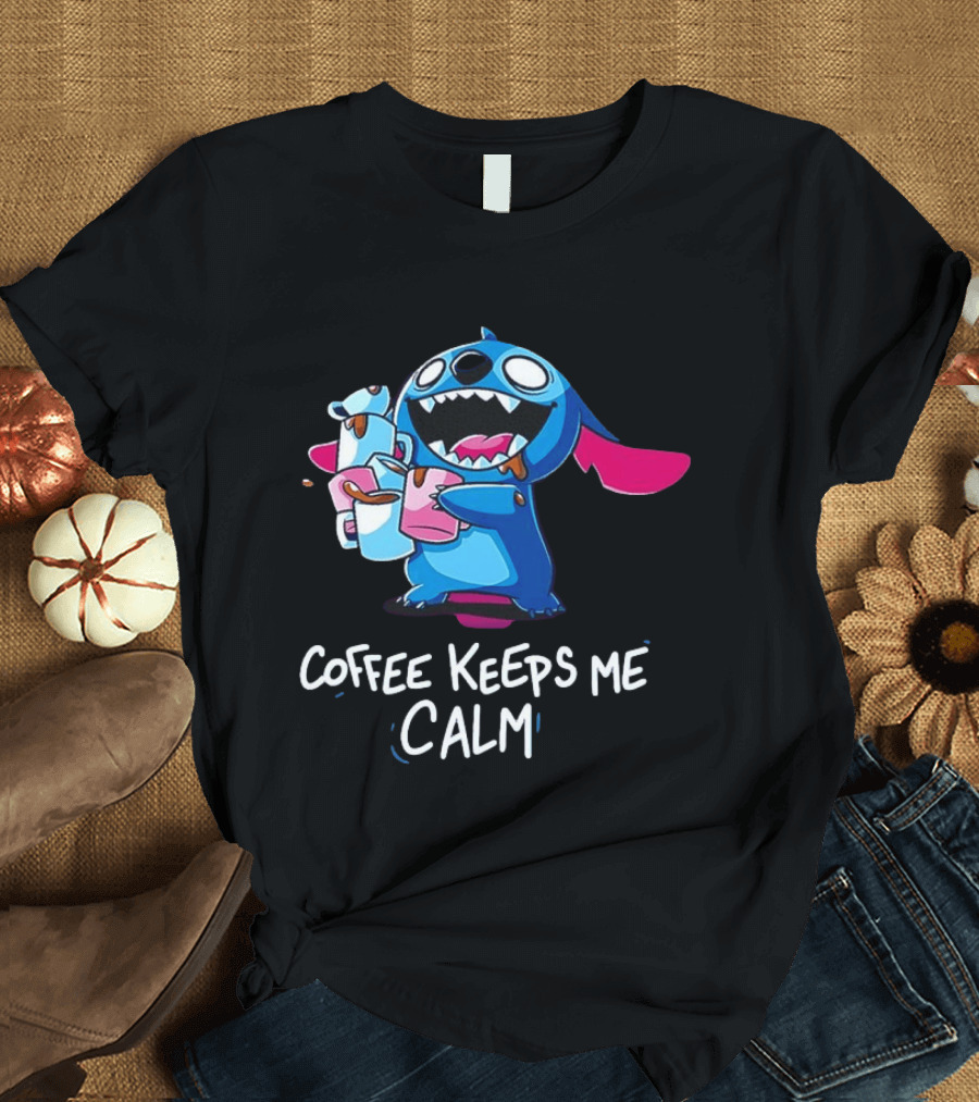 Stitch Coffee Keeps Me Calm Cute Character Drinking Coffee T-Shirt
