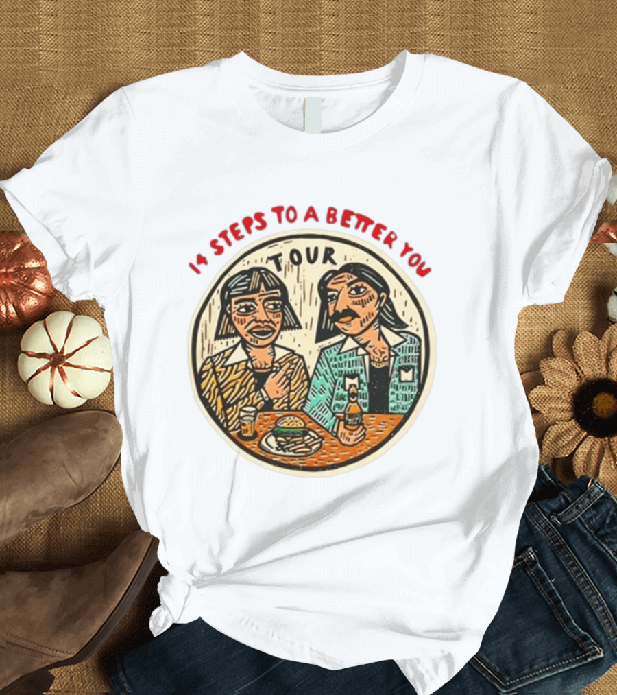 14 Steps To A Better You Tour Oval Illustration With Two Seated Individuals T-Shirt