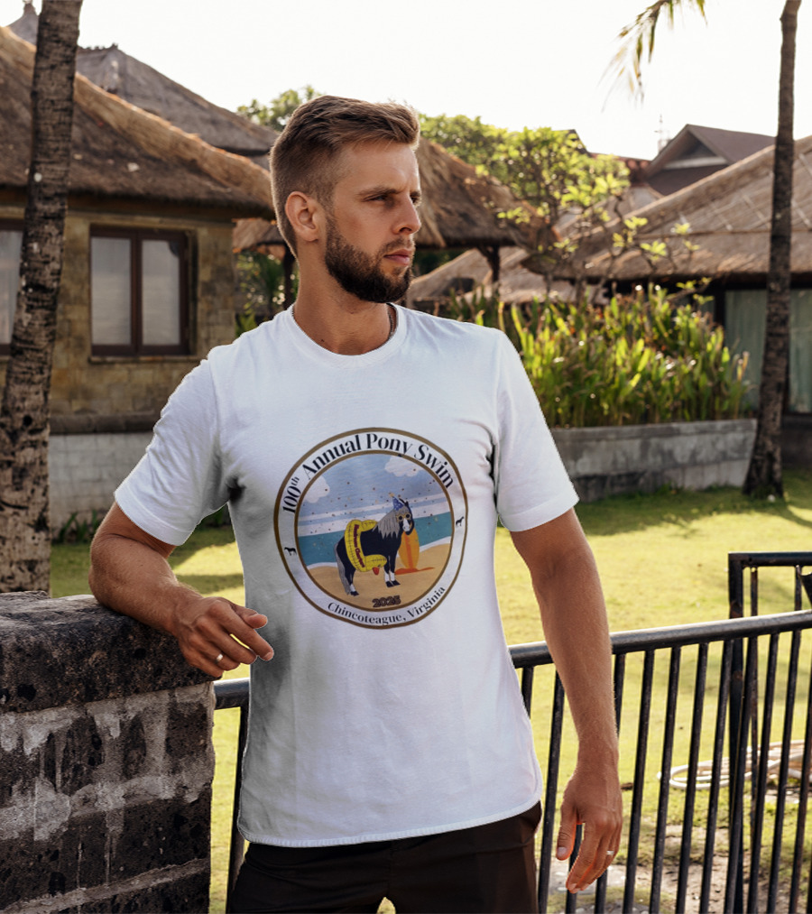 100th Annual Pony Swim Chincoteague Virginia 2025 Beach Scene With Pony And Surfboard T-Shirt