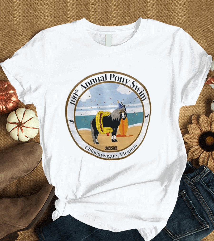 100th Annual Pony Swim Chincoteague Virginia 2025 Beach Scene With Pony And Surfboard T-Shirt