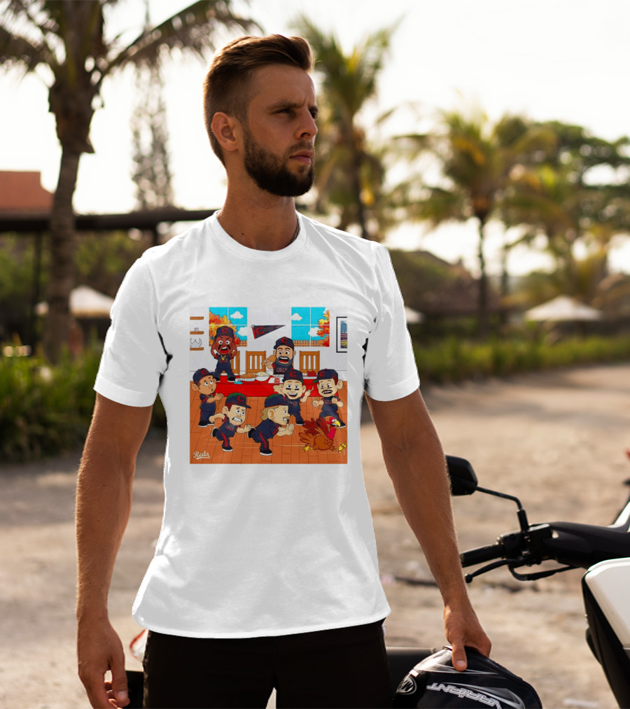 Cincinnati Reds Thanksgiving Chaos Cartoon Scene With Characters And Turkey T-Shirt