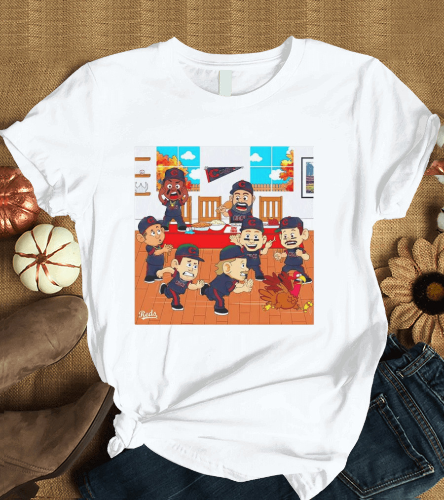 Cincinnati Reds Thanksgiving Chaos Cartoon Scene With Characters And Turkey T-Shirt
