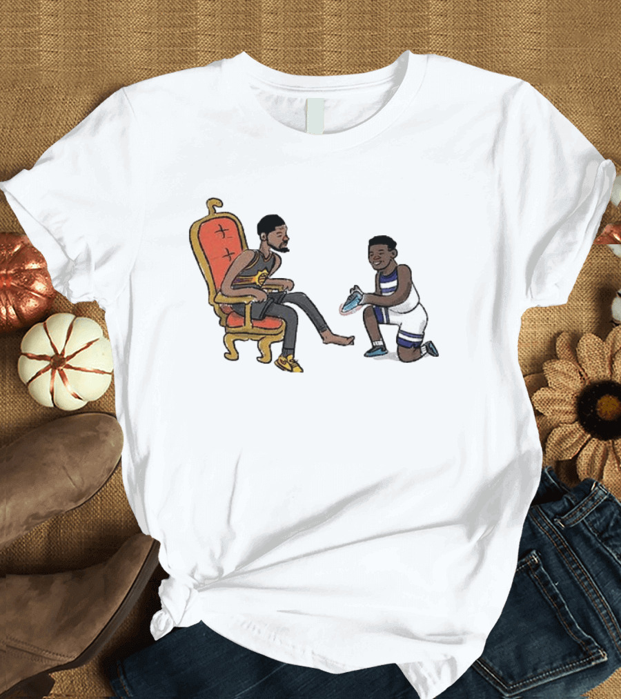 Anthony Edwards Kevin Durant Cartoon Shoe Fitting Basketball Scene T-Shirt