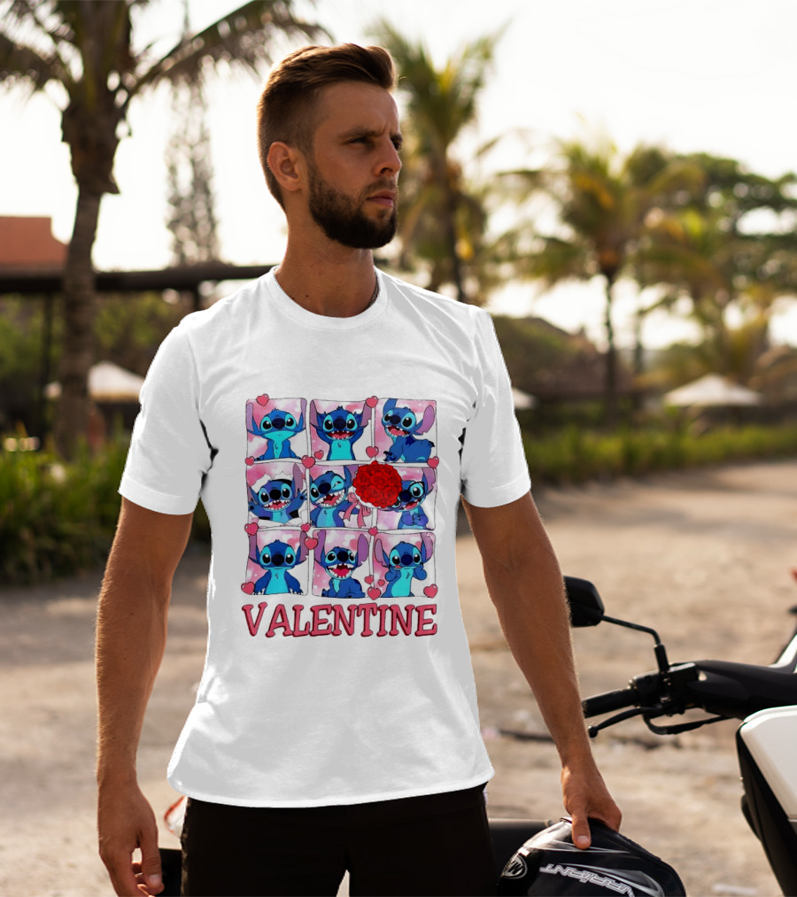 Disney Stitch Rose Flowers Valentine Love Hearts Happy Day T-Shirt