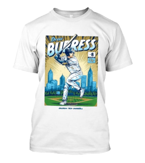Drew Burress #8 Georgia Tech Baseball Comic Style Retro Cityscape T-Shirt
