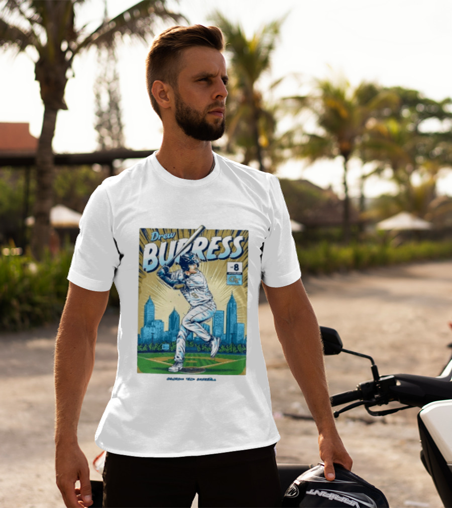 Drew Burress #8 Georgia Tech Baseball Comic Style Retro Cityscape T-Shirt