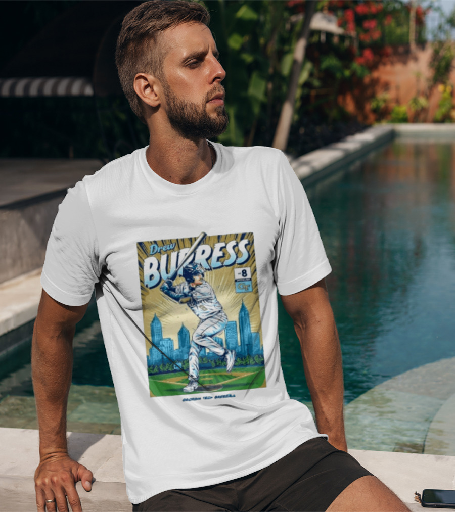 Drew Burress #8 Georgia Tech Baseball Comic Style Retro Cityscape T-Shirt