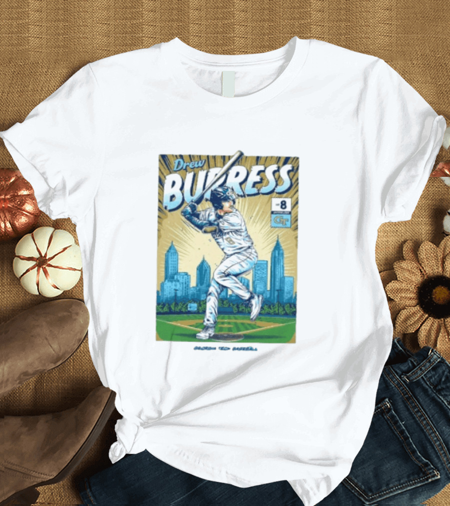 Drew Burress #8 Georgia Tech Baseball Comic Style Retro Cityscape T-Shirt