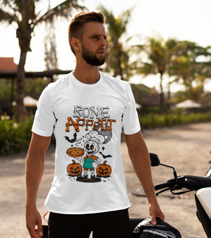 Bone Appetit Skeleton Chef Halloween Pizza Pumpkin Bats T-Shirt