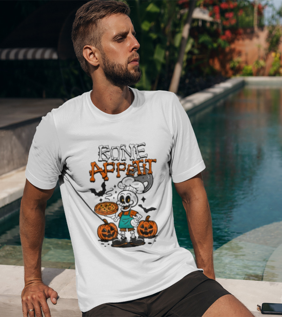 Bone Appetit Skeleton Chef Halloween Pizza Pumpkin Bats T-Shirt