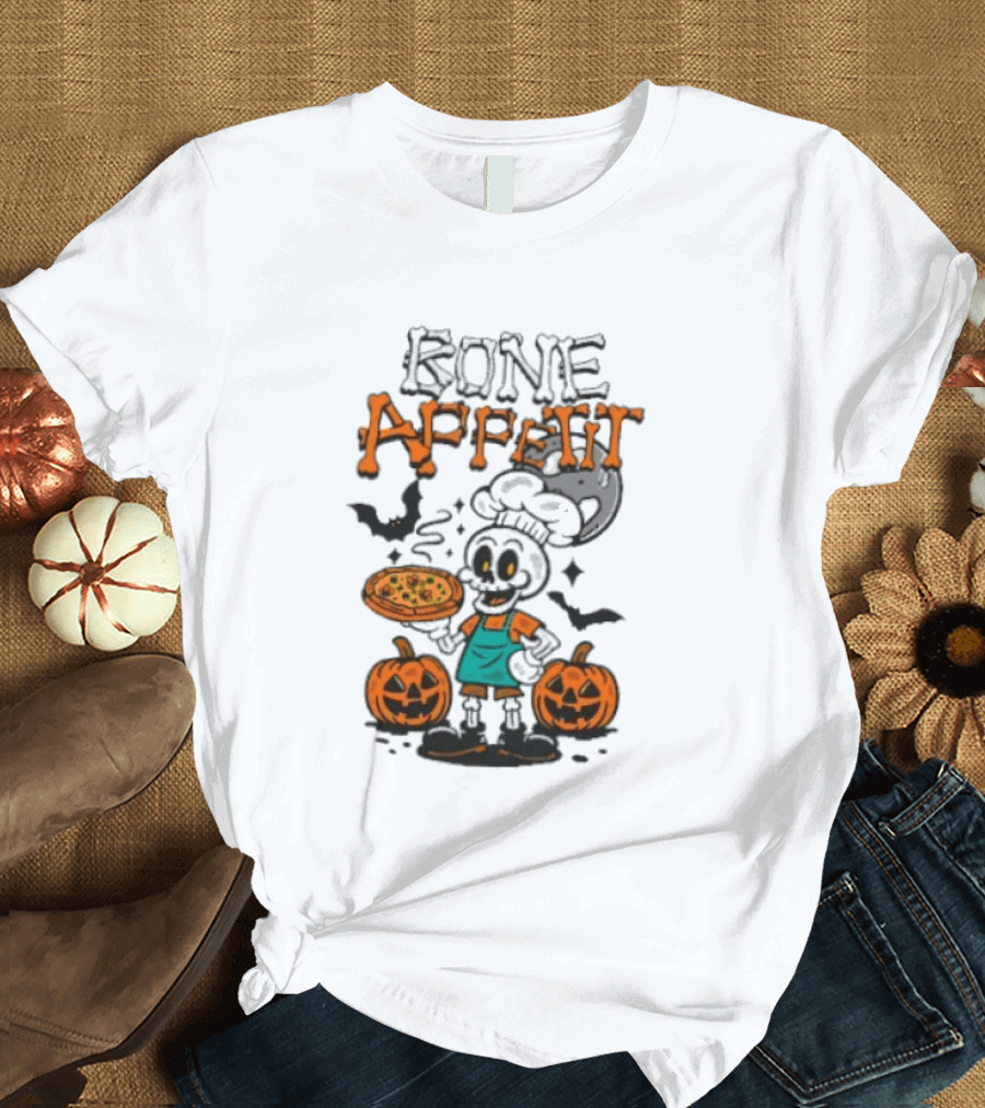 Bone Appetit Skeleton Chef Halloween Pizza Pumpkin Bats T-Shirt