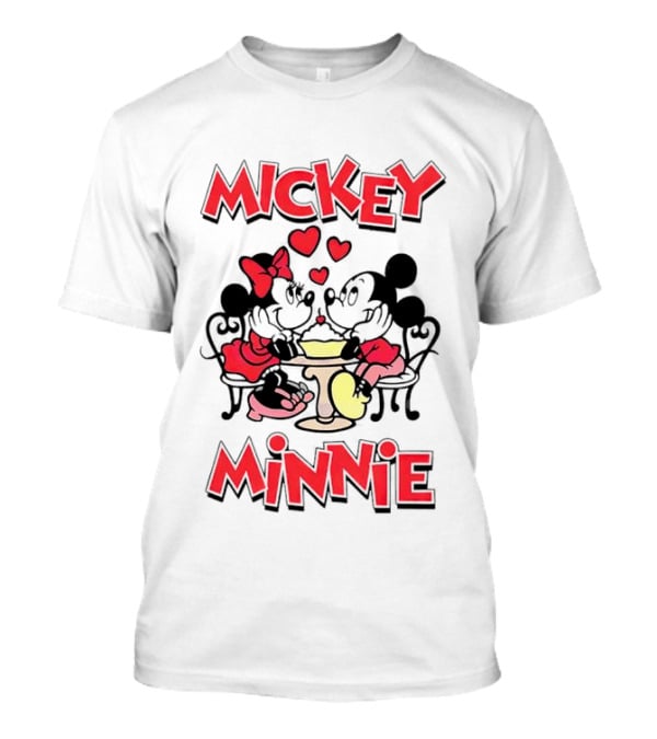 Mickey Minnie Romantic Valentine's Day Hearts And Cafe Scene T-Shirt