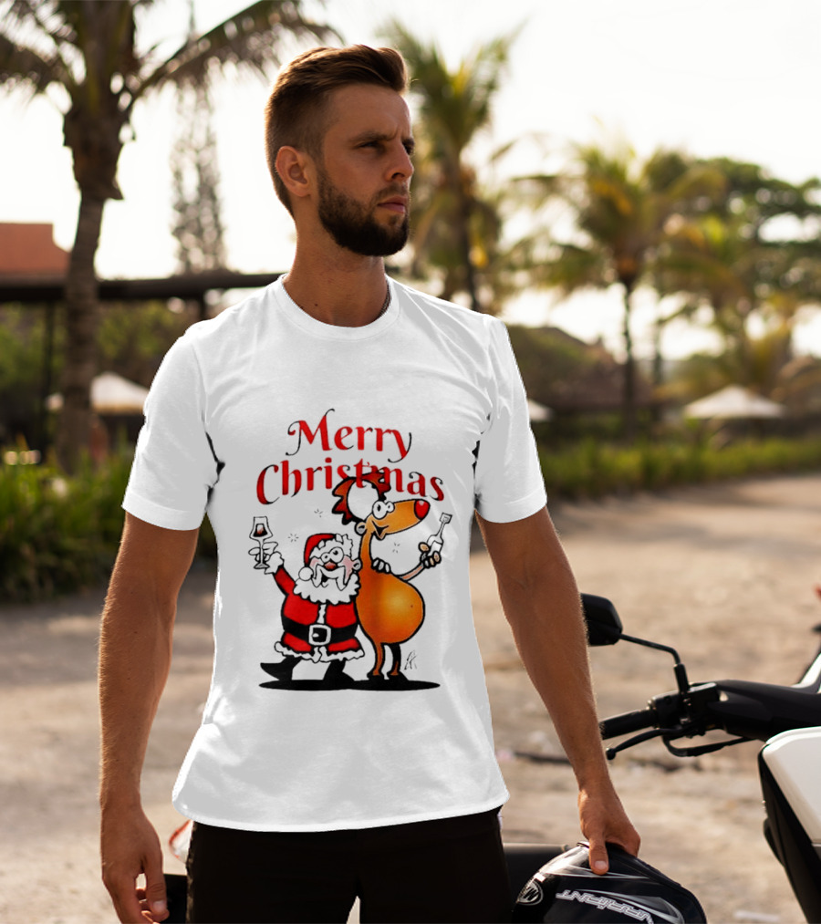 Merry Christmas Santa Claus And Reindeer Toast With Drinks T-Shirt