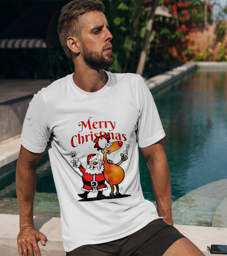 Merry Christmas Santa Claus And Reindeer Toast With Drinks T-Shirt