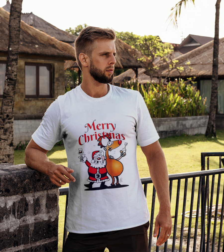 Merry Christmas Santa Claus And Reindeer Toast With Drinks T-Shirt