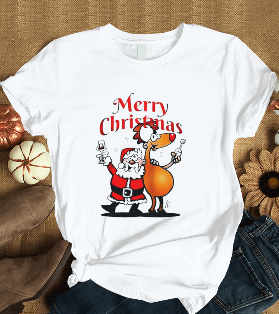 Merry Christmas Santa Claus And Reindeer Toast With Drinks T-Shirt