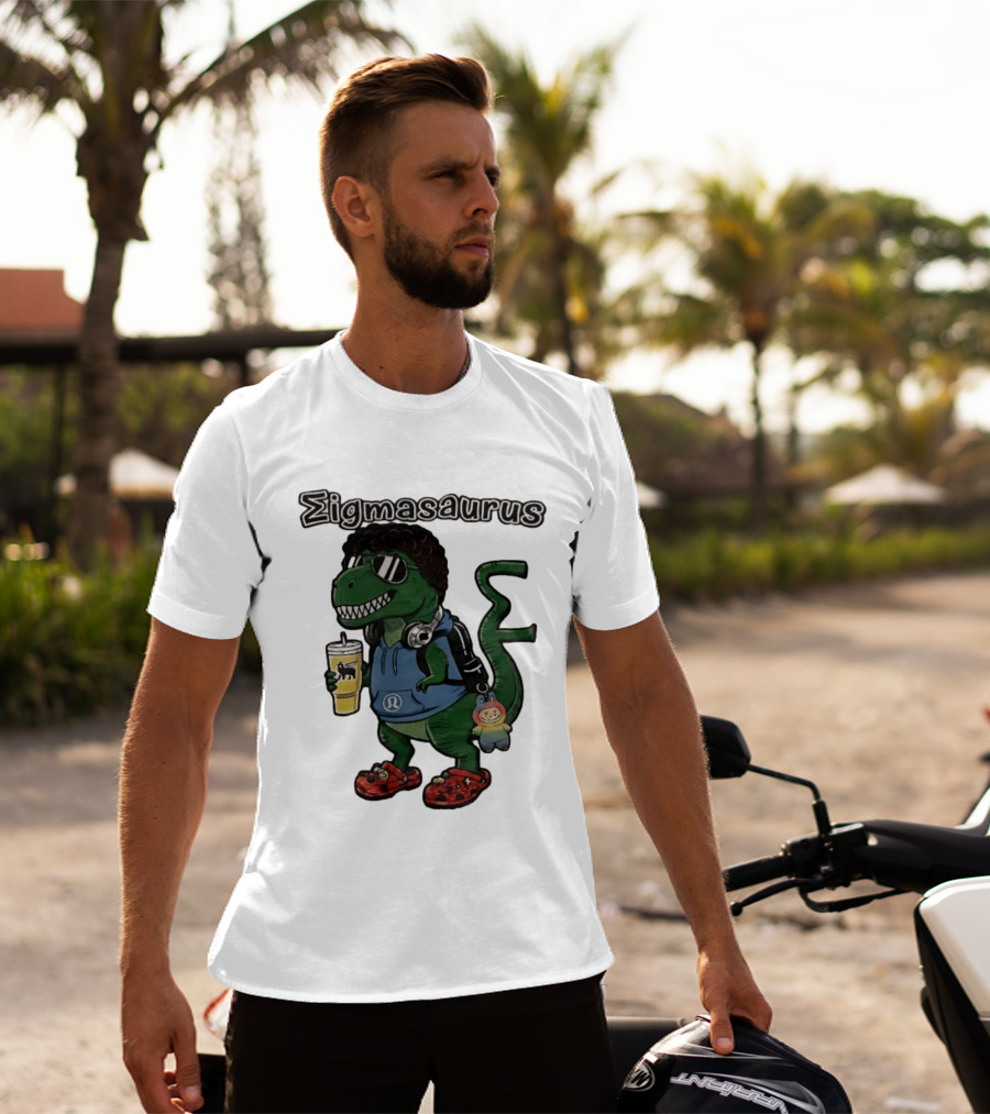 Sigmasaurus Rex Dinosaur Meme With Afro Sunglasses Headphones And Drink T-Shirt