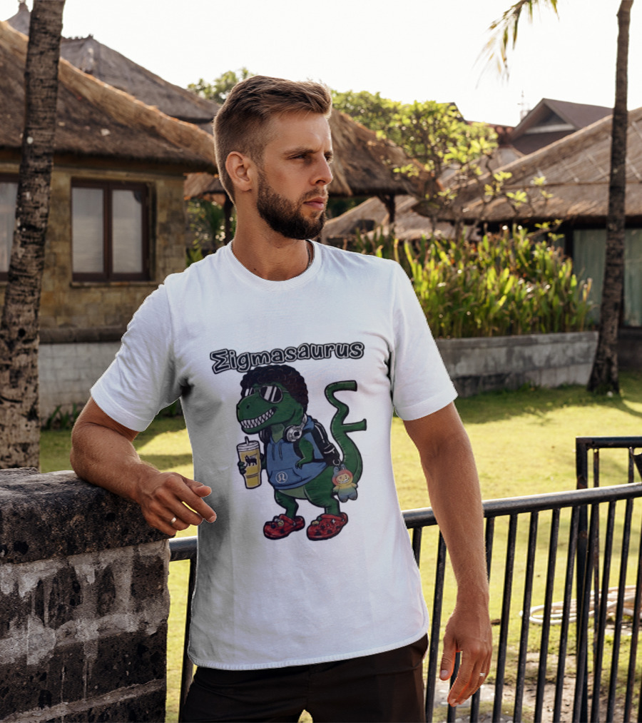 Sigmasaurus Rex Dinosaur Meme With Afro Sunglasses Headphones And Drink T-Shirt