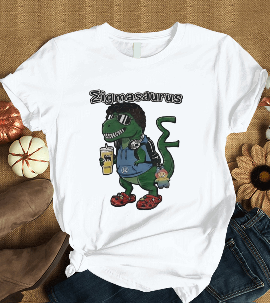 Sigmasaurus Rex Dinosaur Meme With Afro Sunglasses Headphones And Drink T-Shirt