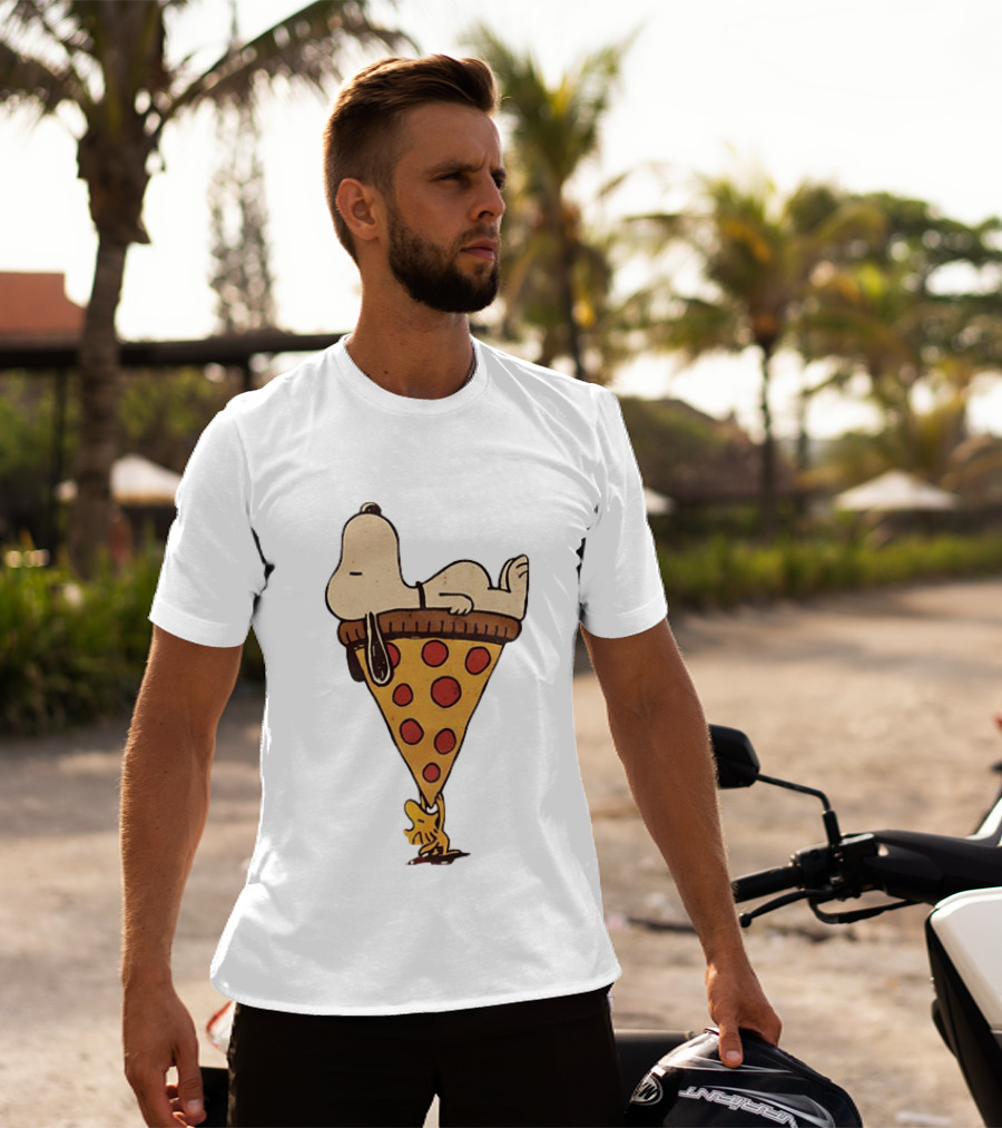 Snoopy Relaxing On Giant Pizza Slice With Woodstock Peanuts Collection T-Shirt